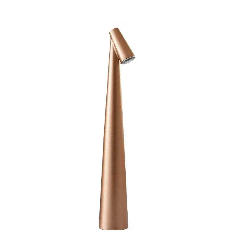 Portable LED Light with touch sensor, sleek conical design, gold color, minimalist, rechargeable and portable table  LED lighting.