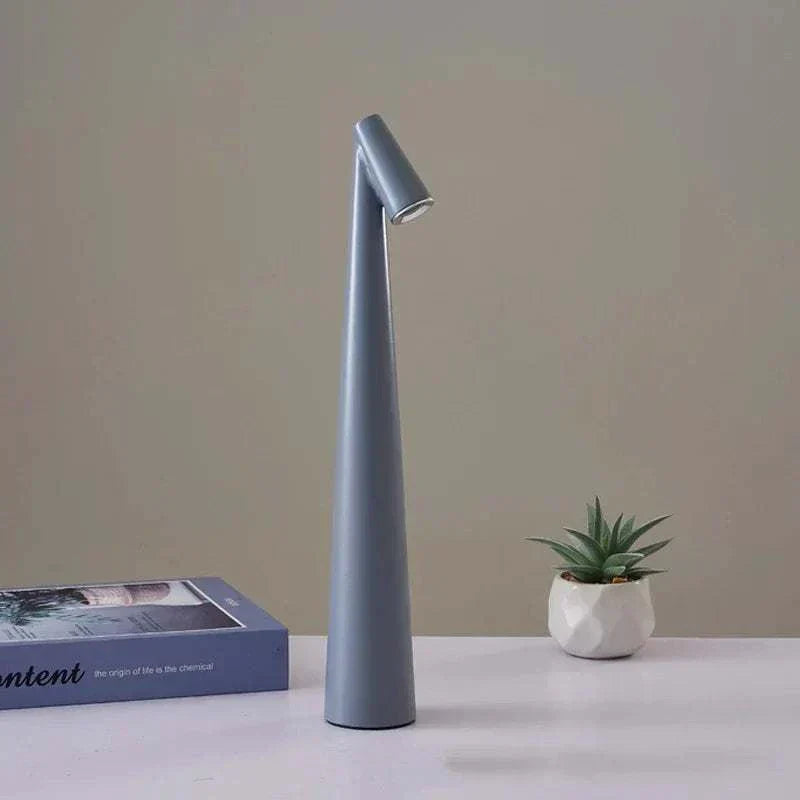 Portable LED Light, minimalist LED table lamp with touch sensor and conical base in gray, enhancing decor with elegance.