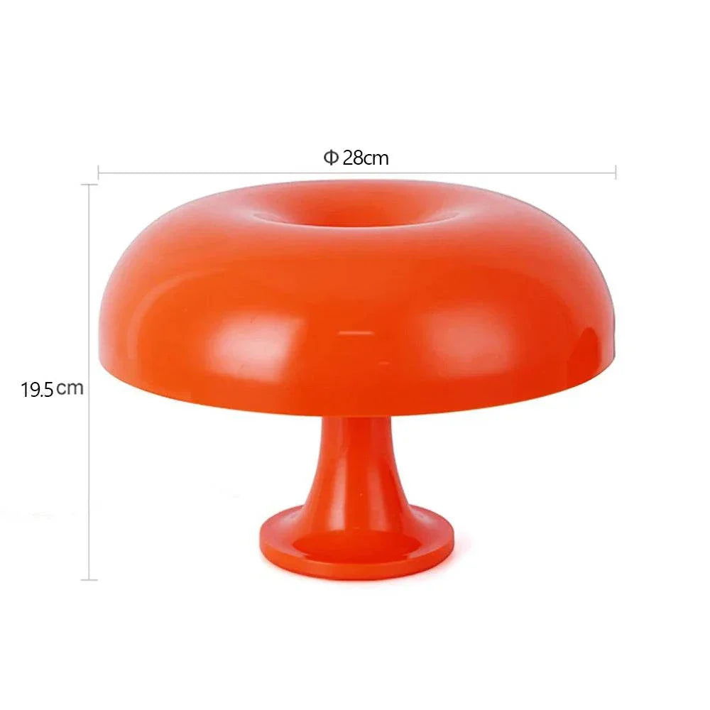 Orange mushroom table lamp with dome design and smooth surface, 28cm diameter and 19.5cm height.