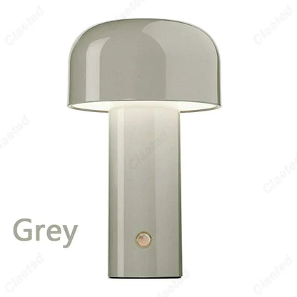 Sleek grey rechargeable portable table lamp with a modern, minimalist design and glossy finish.