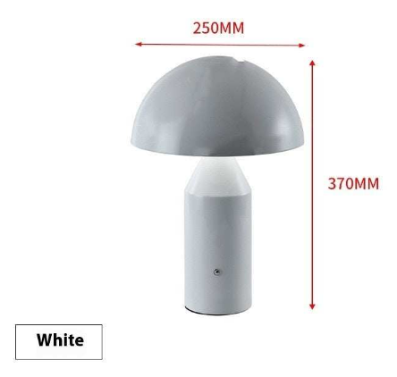 White Table Lamp Atollo with minimalist design featuring a hemispherical shade and cylindrical base, measures 250mm wide by 370mm tall.