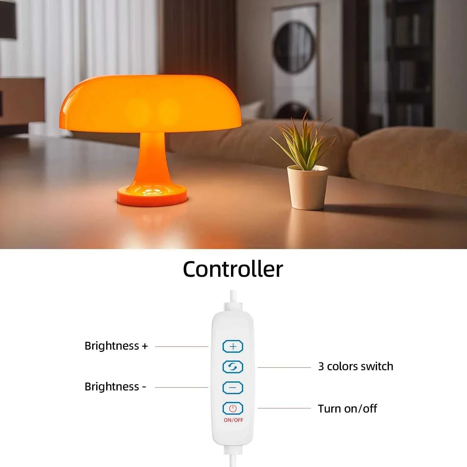 Orange mushroom table lamp illuminating a living room with a modern touch, featuring a brightness controller and sleek design.