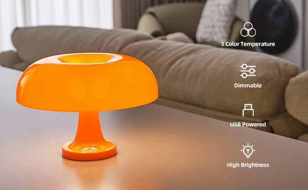 Orange Mushroom Table Lamp on table with USB power, dimmable feature, and 3 color temperature settings.