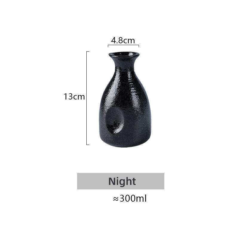 Japanese Sake Glass Ceramic, minimalist black bottle design, 300ml capacity, 13cm height.