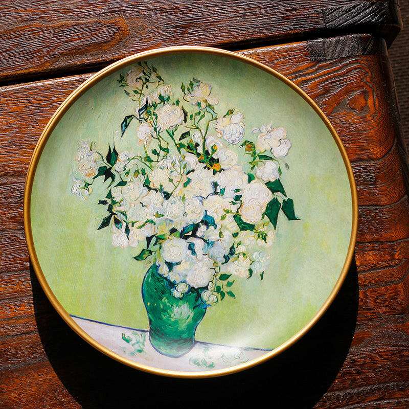 Vincent Van Gogh oil painting ceramic plate featuring a lush bouquet of white flowers in a green vase.