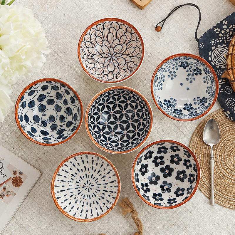 Retro box with patterned ceramic bowls.