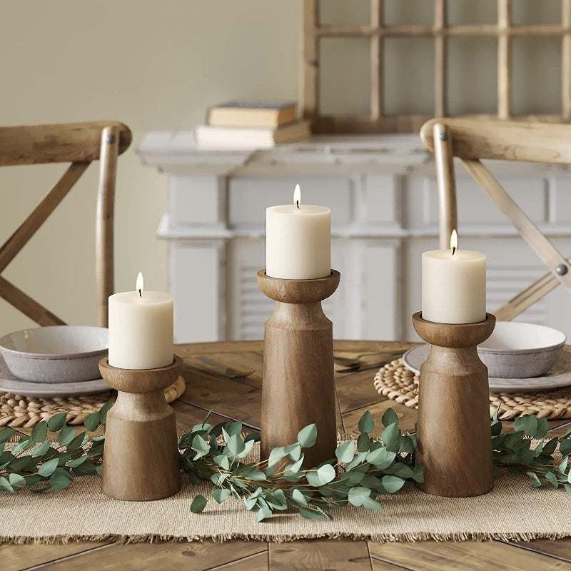 Candle Holder Wooden on a table, enhancing home decor.