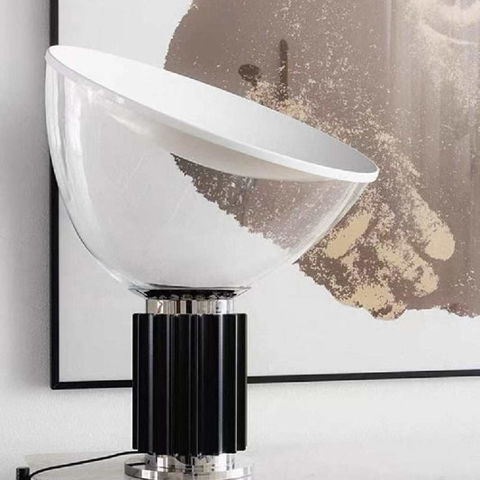 Modern Radar Table Lamp with sleek silver-tone cylindrical base and tilted half-dome shade.