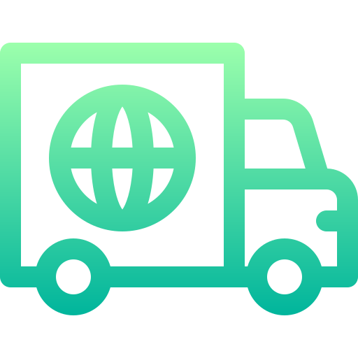 Green icon of a delivery truck with a world map symbol on a white background
